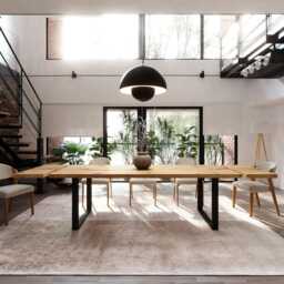 Barton Sq Straight Edge Dining Table Extendable 2 Sides Kitchen Industrial Rustic Wood, Square Steel Legs - thumbnail 2