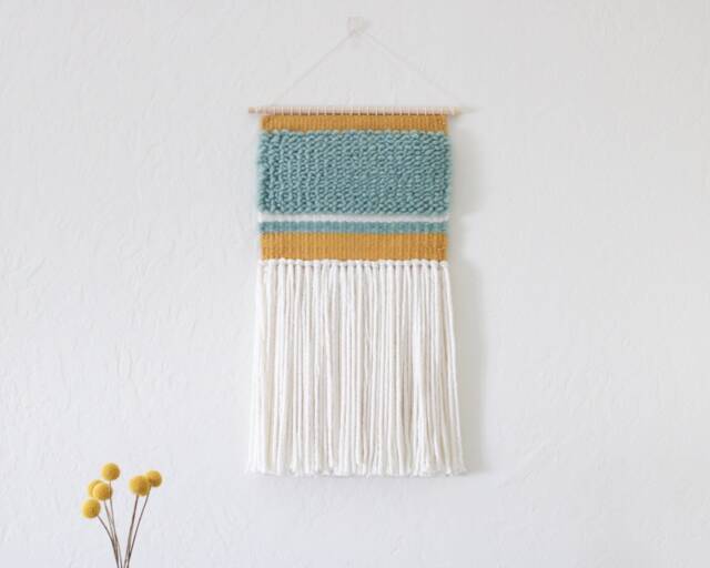 Small Tapestry Hanging - Woven Wall Mint Green, Mustard Yellow, White Pastel Textile Art Nursery Room Decor Maximalist - image 1