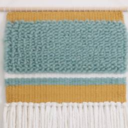 Small Tapestry Hanging - Woven Wall Mint Green, Mustard Yellow, White Pastel Textile Art Nursery Room Decor Maximalist - thumbnail 4