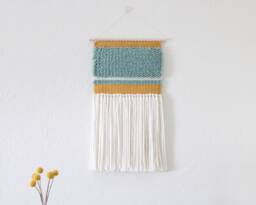 Small Tapestry Hanging - Woven Wall Mint Green, Mustard Yellow, White Pastel Textile Art Nursery Room Decor Maximalist