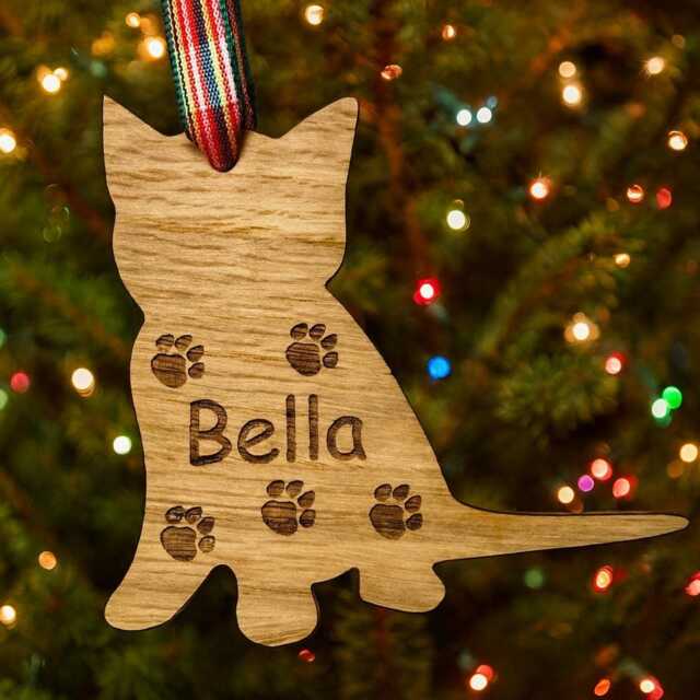 Personalised Oak Christmas Decorations Cat Kitten Tree Wood Bauble Gifts Xmas - image 1