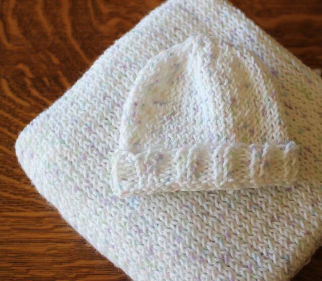 Hand Knit Baby Blanket - White Pastel Specks - image 1