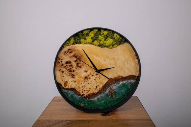 Wooden Wall Clock With Moss, Green Moss Scandinavian Home Decor, Resin Wood Art - image 1