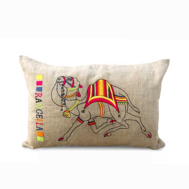 Linen Pillow Cover, Decorated Camel Embroidered in Bright Colours, Boho, Indian - image 1
