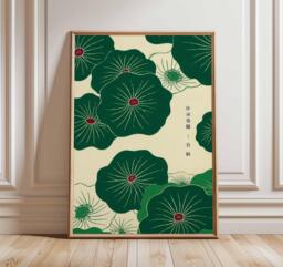 Japanese Lotus Wall Art Print - Green Botanical Poster, Minimalist Asian Decor, Zen Nature Artwork, Oriental Style Home Decor - thumbnail 1