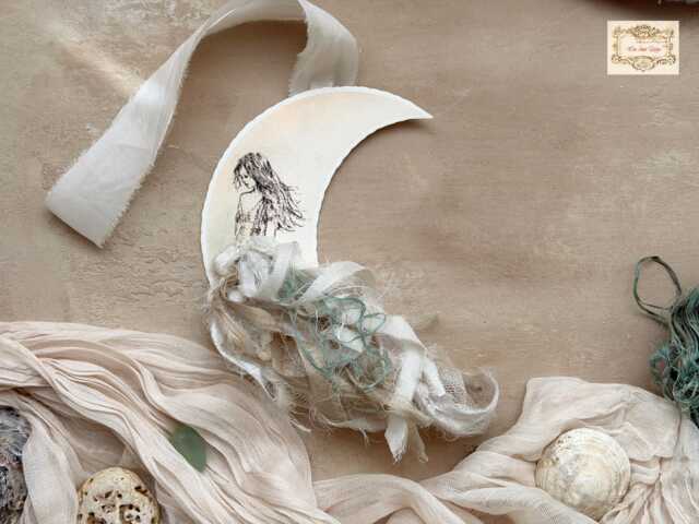 Moon Girl Hanging Decoration With Silk Ribbons, Watercolour Crescent Wall , Celestial Art Handmade Ornament - image 1