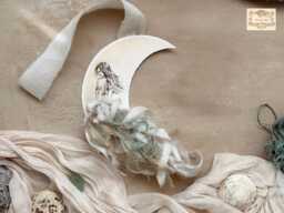 Moon Girl Hanging Decoration With Silk Ribbons, Watercolour Crescent Wall , Celestial Art Handmade Ornament - thumbnail 1