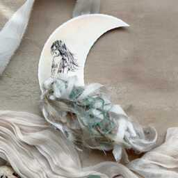 Moon Girl Hanging Decoration With Silk Ribbons, Watercolour Crescent Wall , Celestial Art Handmade Ornament - thumbnail 2