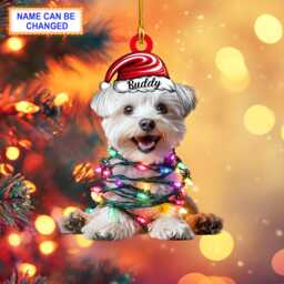 Custom Name Cute Sitting Yorkshire Dog With Santa Hat Christmas Lights Ornament, Tree Hanging Decor, Flat 2D Ornament