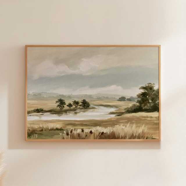 River Meadow Poster, Neutral Landscape Print, Country Wall Art, Paper - image 1