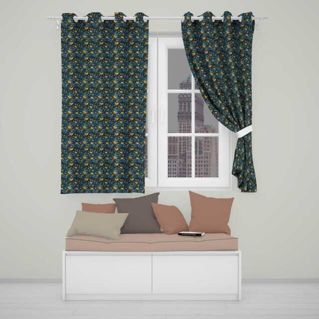 Luxury Ornate Blue Gold Floral Hearts Seamless Pattern Readymade Eyelet Ring Top Thermal 100% Blackout Curtains - image 1