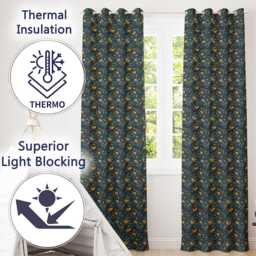 Luxury Ornate Blue Gold Floral Hearts Seamless Pattern Readymade Eyelet Ring Top Thermal 100% Blackout Curtains - thumbnail 3