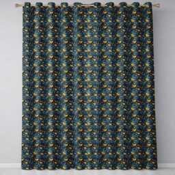 Luxury Ornate Blue Gold Floral Hearts Seamless Pattern Readymade Eyelet Ring Top Thermal 100% Blackout Curtains - thumbnail 2