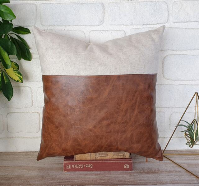 Linen & Faux Leather Pillow Cover, Rustic Brown - image 1