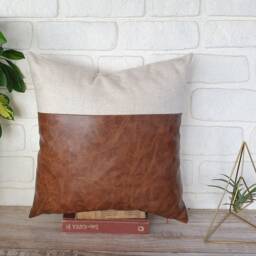 Linen & Faux Leather Pillow Cover, Rustic Brown - thumbnail 2