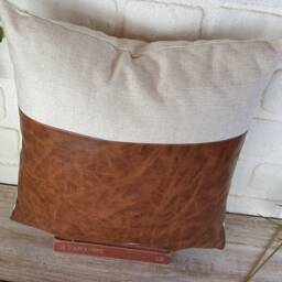 Linen & Faux Leather Pillow Cover, Rustic Brown - thumbnail 3