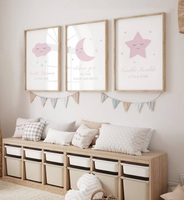 Moon Stars Cloud Prints-Set Of 3, Baby Girl Print, Nursery Prints, Wall Art, New Baby, Pink Grey Bedroom, Sleep, Gift, Sizes A3 A4 - image 1