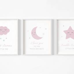 Moon Stars Cloud Prints-Set Of 3, Baby Girl Print, Nursery Prints, Wall Art, New Baby, Pink Grey Bedroom, Sleep, Gift, Sizes A3 A4 - thumbnail 2