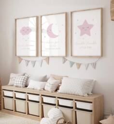Moon Stars Cloud Prints-Set Of 3, Baby Girl Print, Nursery Prints, Wall Art, New Baby, Pink Grey Bedroom, Sleep, Gift, Sizes A3 A4 - thumbnail 1