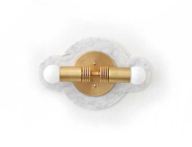 Cararra & Brass Double Vanity Sconce Marble Dining Room Wall Light Fixture Powder - image 1