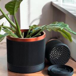 Black Ribbed Plant Pot With Bronze Accent Modern Draining Planter - thumbnail 1