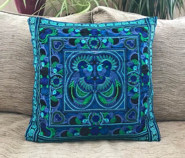 Turquoise Hmong Cushion Cover, Boho Cushion, Bohemian Decor, Embroidered Thai Colourful - image 1