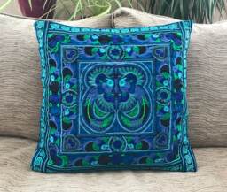 Turquoise Hmong Cushion Cover, Boho Cushion, Bohemian Decor, Embroidered Thai Colourful