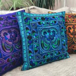 Turquoise Hmong Cushion Cover, Boho Cushion, Bohemian Decor, Embroidered Thai Colourful - thumbnail 2