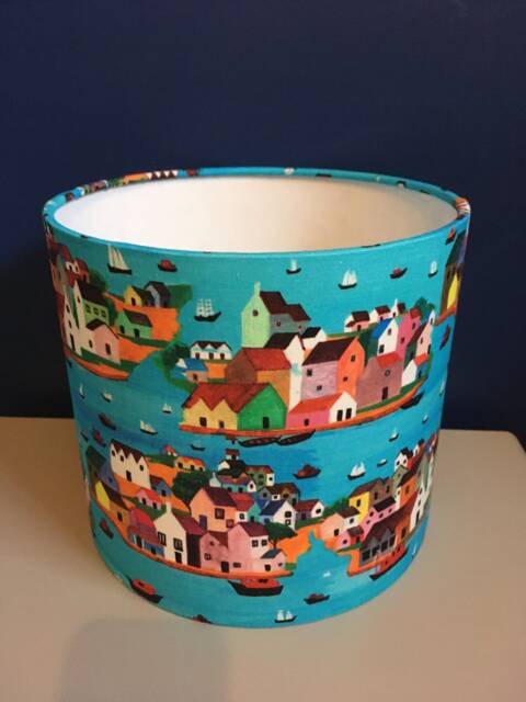 Turquoise Seaside Village Lampshade, Bright Nautical Decor, Mediterranean Holiday Home Accent - image 1