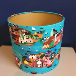 Turquoise Seaside Village Lampshade, Bright Nautical Decor, Mediterranean Holiday Home Accent - thumbnail 2