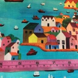 Turquoise Seaside Village Lampshade, Bright Nautical Decor, Mediterranean Holiday Home Accent - thumbnail 4