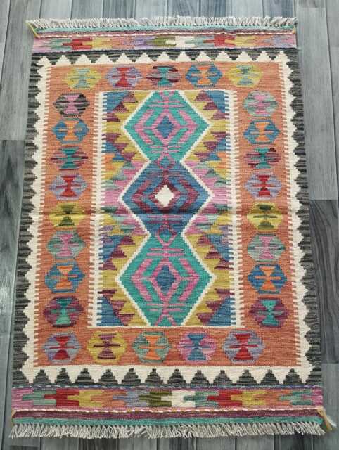 Kilim Rug Multicolour, Handmade Artisan Afghan Turkish Persian Rug, Navajo Moroccan Bohemian Flatweave, Natural Wool Dhurrie 115x81 cm - image 1