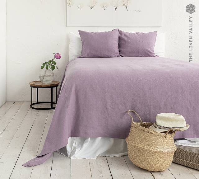 Light Lilac Linen Bedspread -Lavender King Queen Oversized Bed Cover- Rustic Stonewashed Soft Flax Coverlet - Breathable Throw Blanket - image 1