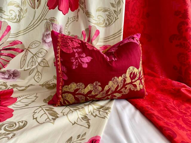 "Designers Guild Silk Pillow Red & Pink Beaded Decorative Cushion - 18""x 12" - image 1