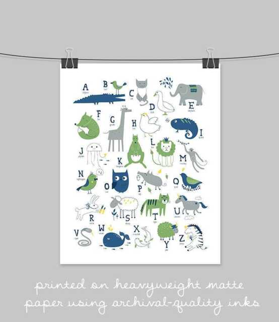 Alphabet Wall Art Animal Letters in Navy & Green - Multiple Sizes - image 1
