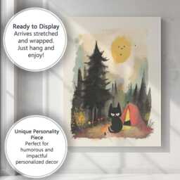 Whimsical Black Cat Camping Forest Night Cute Woodland Illustration Canvas Wall Art Print Decor Picture Ready To Hang - thumbnail 3