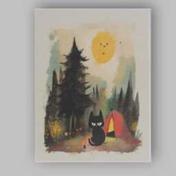 Whimsical Black Cat Camping Forest Night Cute Woodland Illustration Canvas Wall Art Print Decor Picture Ready To Hang - thumbnail 1
