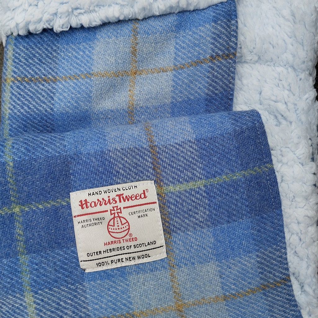 Light Blue Check Harris Tweed Baby Pram Blanket Handmade in
