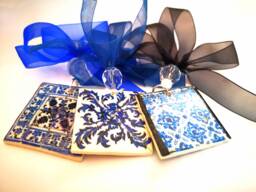 Christmas Set - Three Ornaments Of Portuguese Tile Replica. Blue, Black, Turquoise & Orange Colors - thumbnail 1