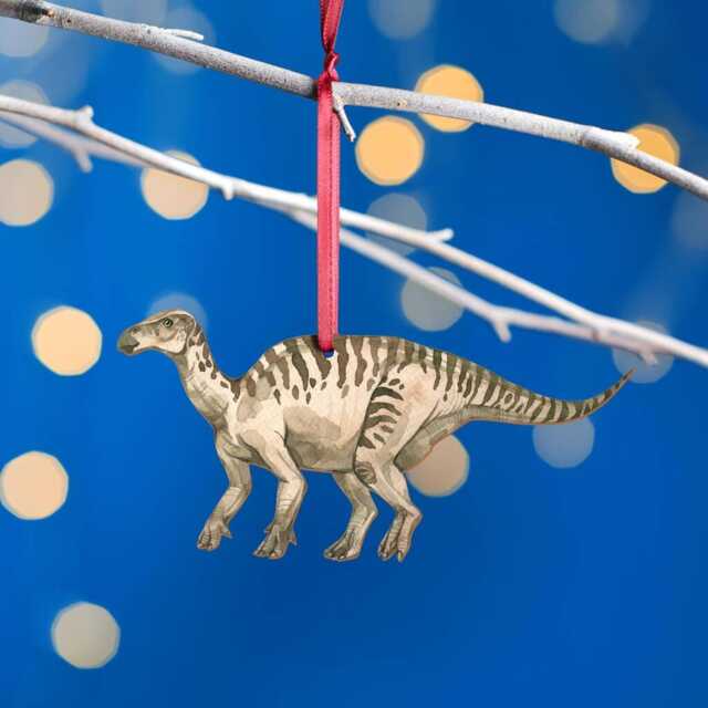 Wooden Iguanodon Dinosaur Christmas Tree Decoration, Birch Plywood Lover Gift, Keepsake, Watercolourart - image 1