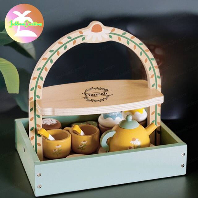 Personalised Wooden Afternoon Tea Dessert Set Toy, Children's Pretend Play Kitchen Food Toys, Teapot, Cake, Customized Gifts, Wooden Gifts - image 1