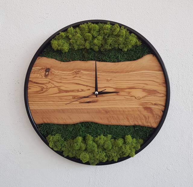 Custom Moss & Olive Wood Wall Clock With Metal Frame - image 1