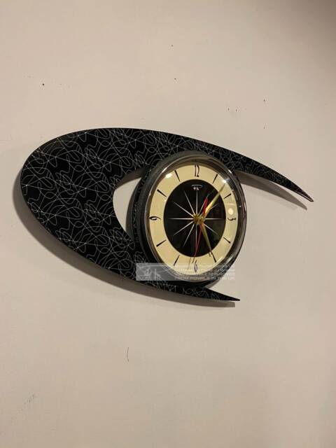 Colour Etched Lucite Formica Wall Clock From Royale - Midcentury Atomic Boomerang Retro Style in Black - image 1