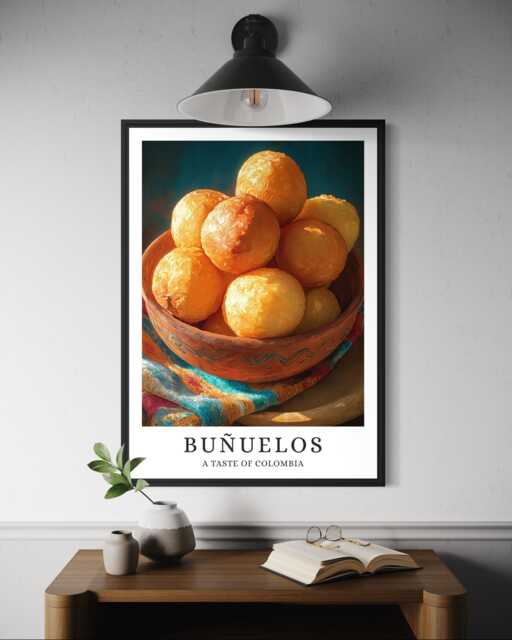 Colombian Bu??uelos Poster - Fried Cheese Balls, Holiday Dessert Art, South America Travel Food Print, Colombia Cuisine, Kitchen Decor - image 1