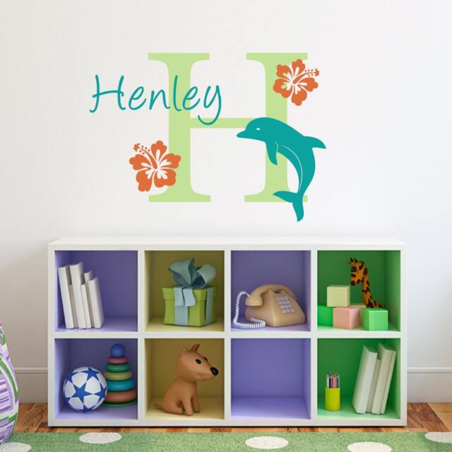 Personalized Dolphin Wall Decal Set - Hibiscus Flowers Hawaiian Decor - image 1