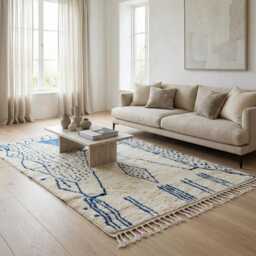 Handmade Blue Moroccan Wool Rug, Geometric Berber Carpet - thumbnail 3