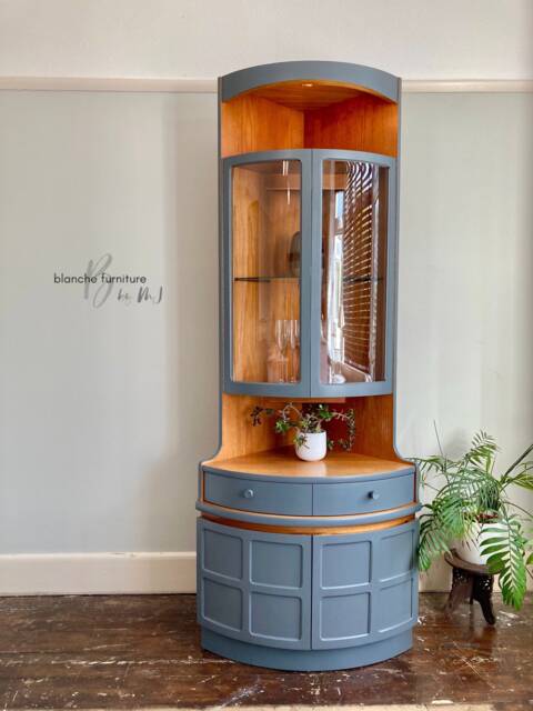 Tall Nathan Mid Century Modern Corner Drinks Cabinet - Grey Cocktail Display Unit - image 1