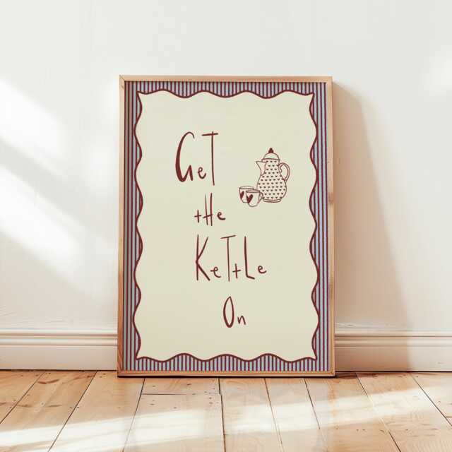 Get The Kettle On Stripe Border Blue & Red Print, Bold Colourful Wall Artwork, Kitchen Coffee Tea Prints A1 A2 A3 A4 A5 A6 Unframed - image 1