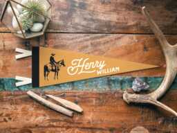 Cowboy Custom Name Sign Felt Pennant - Vintage Wild West Banner, Kids Room Decor, Western Nursery Wall Art, Rustic Home Accent Gift - thumbnail 1