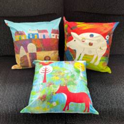 Beach Cushion Cover, Cottages Cushion, Coastal Cottages, Colourful Art Panama Cotton Cushion - thumbnail 3